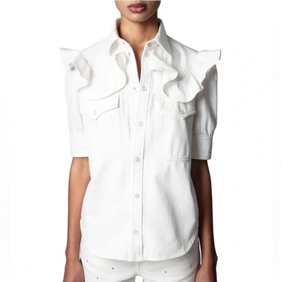 Zadig & Voltaire Toky Ruffle Denim Shirt Flawed, size XS - Picture 3 of 14